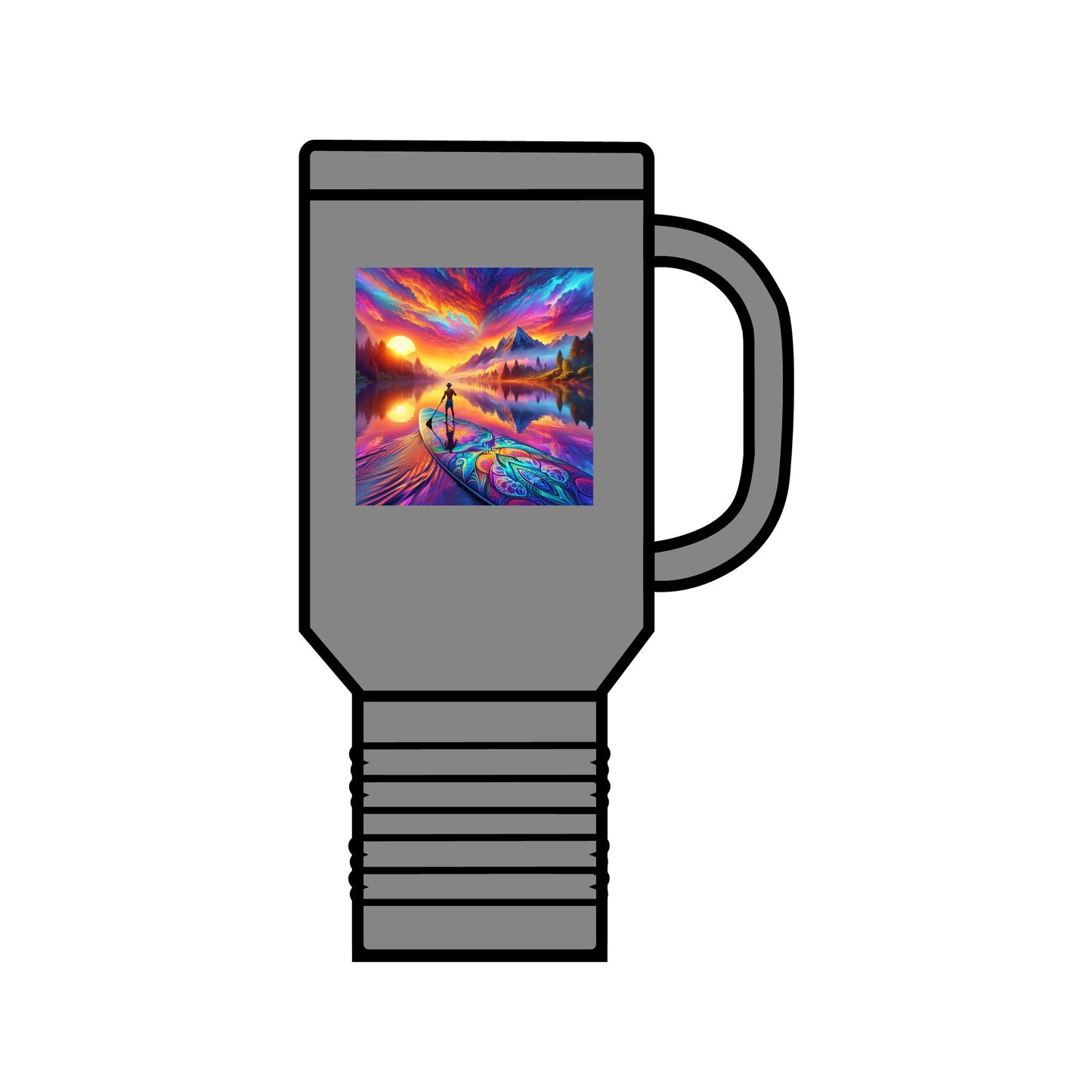 Luxury Fantasy Paddleboarding 40oz Insulated Travel Mug in sleek grey, embellished with an enchanting paddleboarding scene.