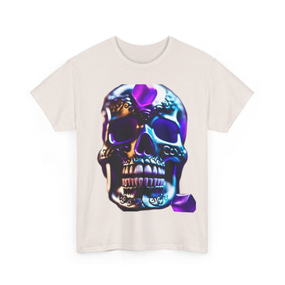 Demon Skull Graphic T-Shirt, Urban Streetwear Top, Unisex Cotton - Front view featuring a vibrant demon skull graphic against a stylish cream background.