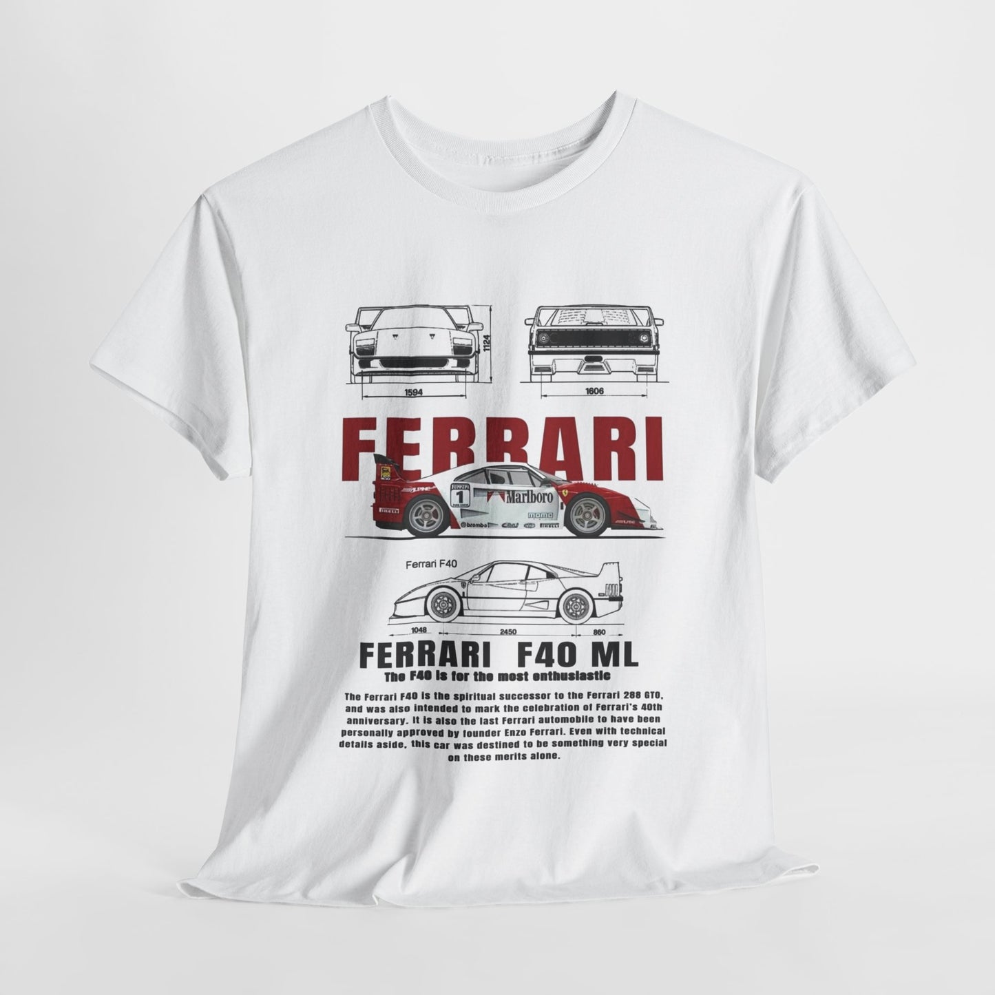 T-Shirt Ferrari F40 Marlboro Graphic Design Tee. Unisex Car Enthusiast Top Mens