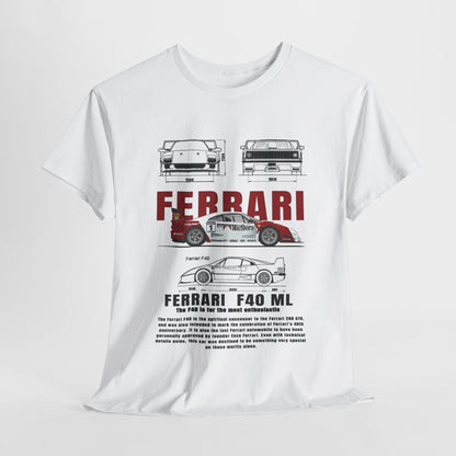Luxury T-Shirt Ferrari F40 Marlboro Graphic Design Tee showcasing meticulous drawings of Ferrari F40 models from various angles along with bold typography, ideal for car enthusiasts.