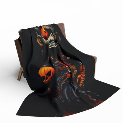 Stylish Decorative and Warm Halloween Spooky Arctic Fleece Blanket elegantly displayed on a chair, featuring an intricate design of a jovial skeleton, perfect for festive home decor.