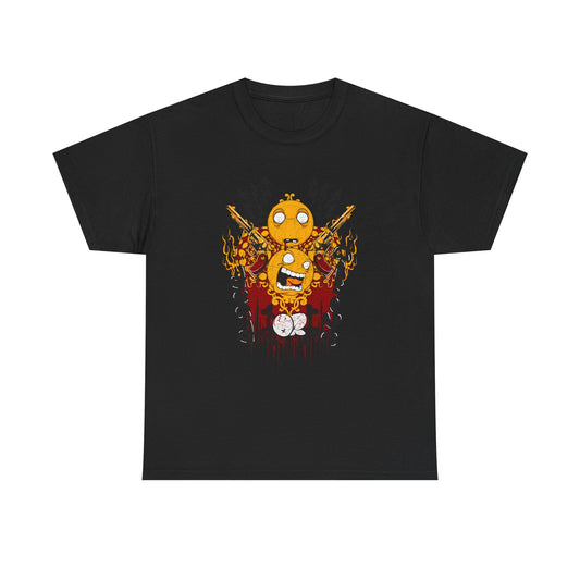 Men's premium graphic t-shirt in black showcasing an eye-catching design of playful emoji characters amidst fiery elements and dynamic imagery, perfect for a bold and luxurious casual look.