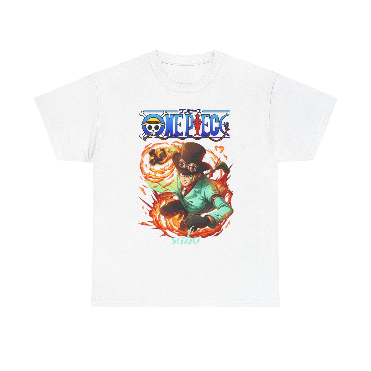 Elegant white Sabo from One Piece T-shirt showcasing a striking action-packed design in vivid colours, ideal for showcasing your anime passion.