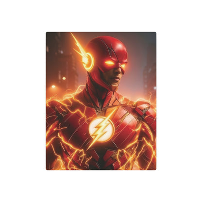 Close-up view of The Flash Metal Art Poster, showcasing the iconic superhero in vibrant red with electrifying details. Perfect for modern luxury interiors.