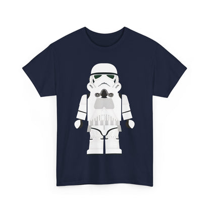 Galactic Icons LEGO Stormtrooper Unisex Graphic T-Shirt Tee in navy blue, displaying a charming LEGO Stormtrooper graphic, perfect for fans and fashion enthusiasts alike.