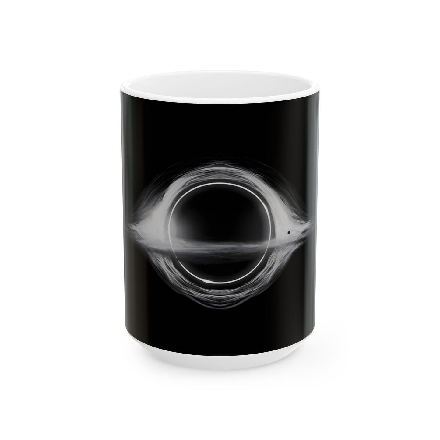 Interstellar Black Hole Image Ceramic Mug, featuring a cosmic black hole design perfect for office laughs and deep coffee thoughts.