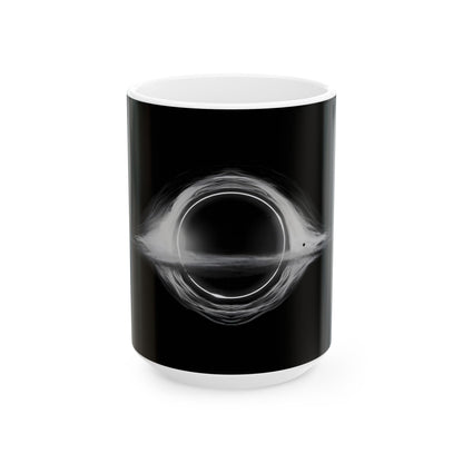Interstellar Black Hole Image Ceramic Mug, featuring a cosmic black hole design perfect for office laughs and deep coffee thoughts.