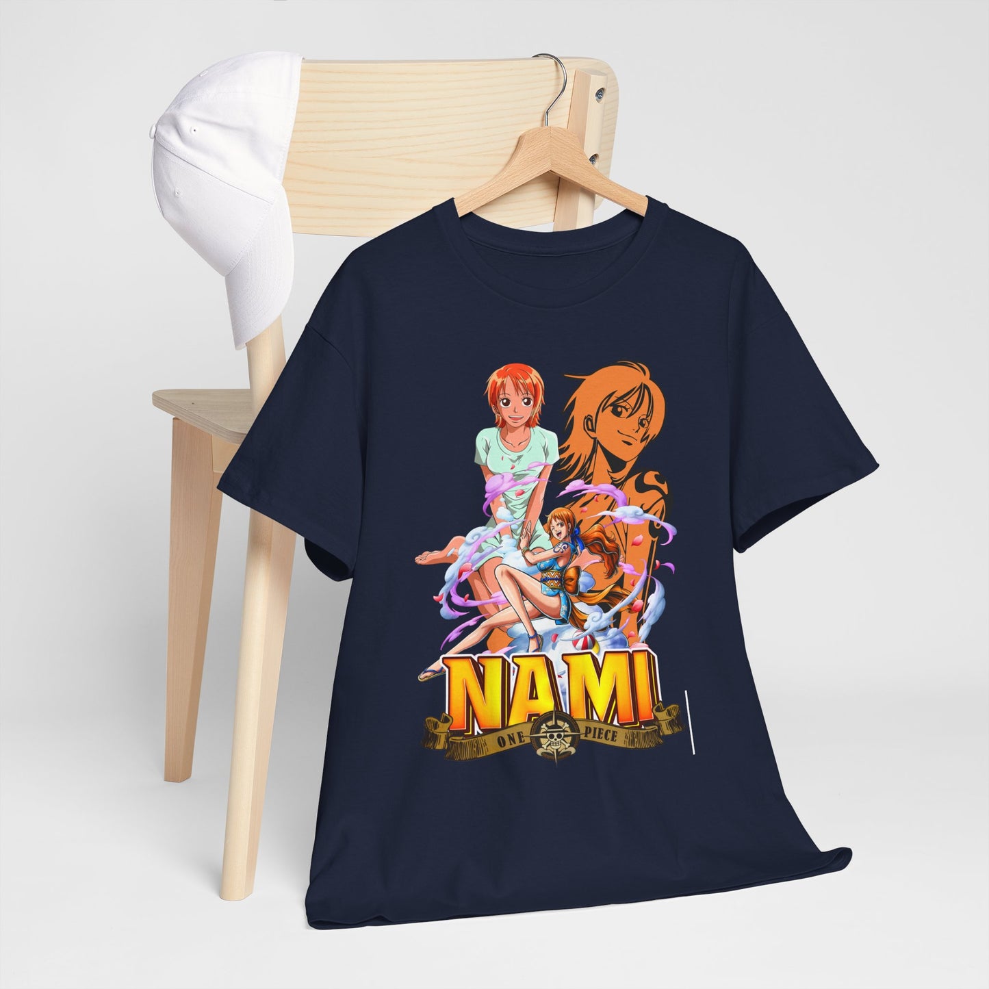 Elegant navy men's t-shirt adorned with stunning Nami anime graphics from One Piece, perfectly paired with a stylish cap, ideal for fashion-forward individuals.
