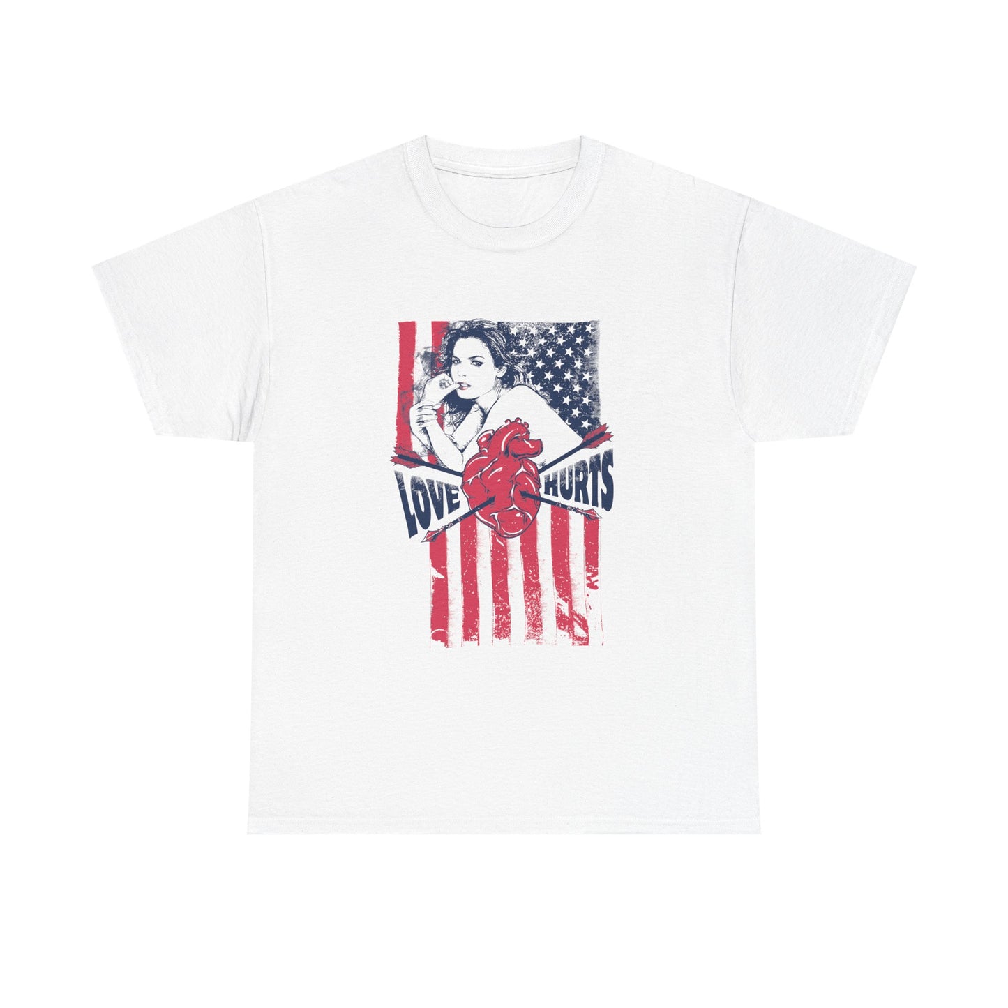 Stylish white men's t-shirt featuring a vintage pin-up girl design against a distressed American flag, with bold typography stating 'LOVE HURTS' and a striking red heart graphic, embodying a blend of nostalgia and modern artistry.