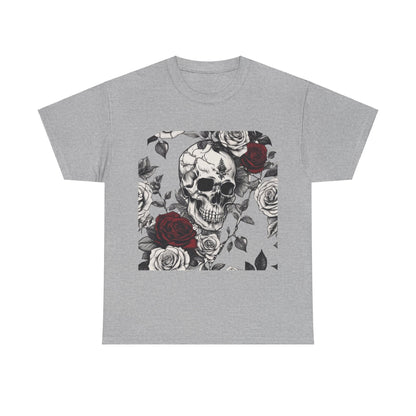 Skulls and Roses Cotton Tee, Unisex Graphic Shirt featured on a plain grey background, highlighting its exceptional steampunk skull and rose artwork for alternative fashion.