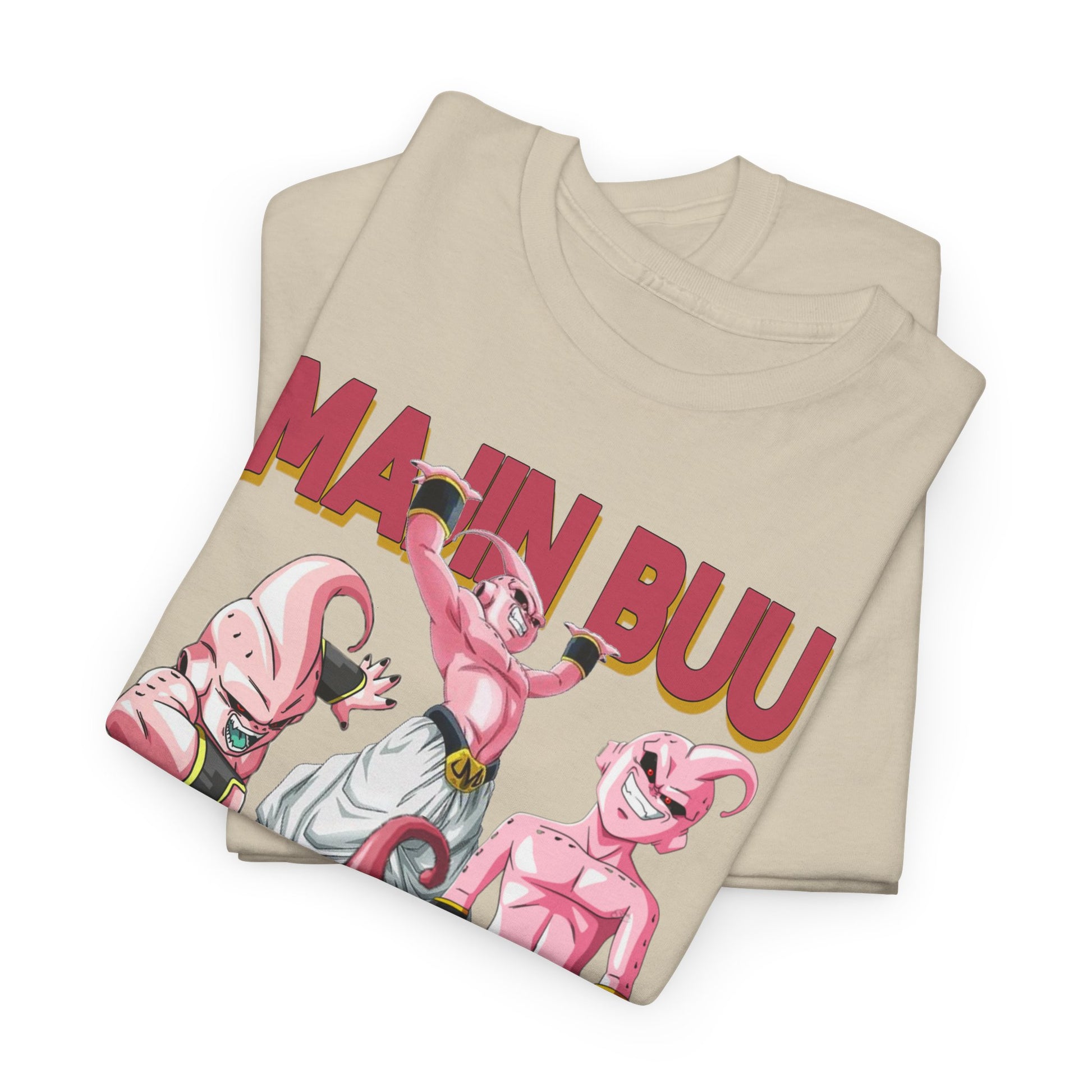 Elegant folded Majin Buu T-shirt designed with a striking anime graphic, featuring multiple pink characters against a soft beige fabric, ideal for collectors.