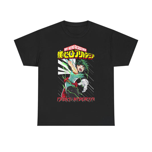 Elegant black Izuku Midoriya T-shirt presenting stunning anime artwork with vibrant colours and dramatic action elements from My Hero Academia.