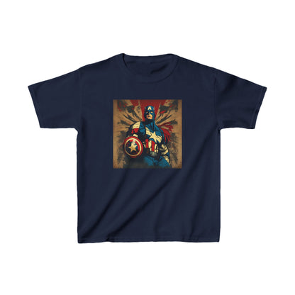 Kids Captain America Heavy Cotton T-Shirt featuring an iconic Captain America design, perfect for superhero adventures in 16 vibrant colours. Luxurious heavy cotton fabric ensures comfort and durability for active play.