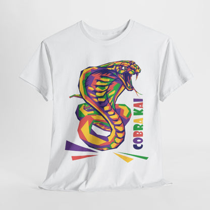 Premium unisex graphic t-shirt featuring a vibrant and artistic Cobra Kai snake illustration in striking colours. Ideal for martial arts enthusiasts, this cotton tee showcases a blend of style and comfort, perfect for casual wear or training.