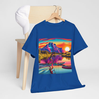 Comfortable and breathable Luxury Paddleboarding Scene T-Shirt for warm days by Dazzling Dreams Studio.