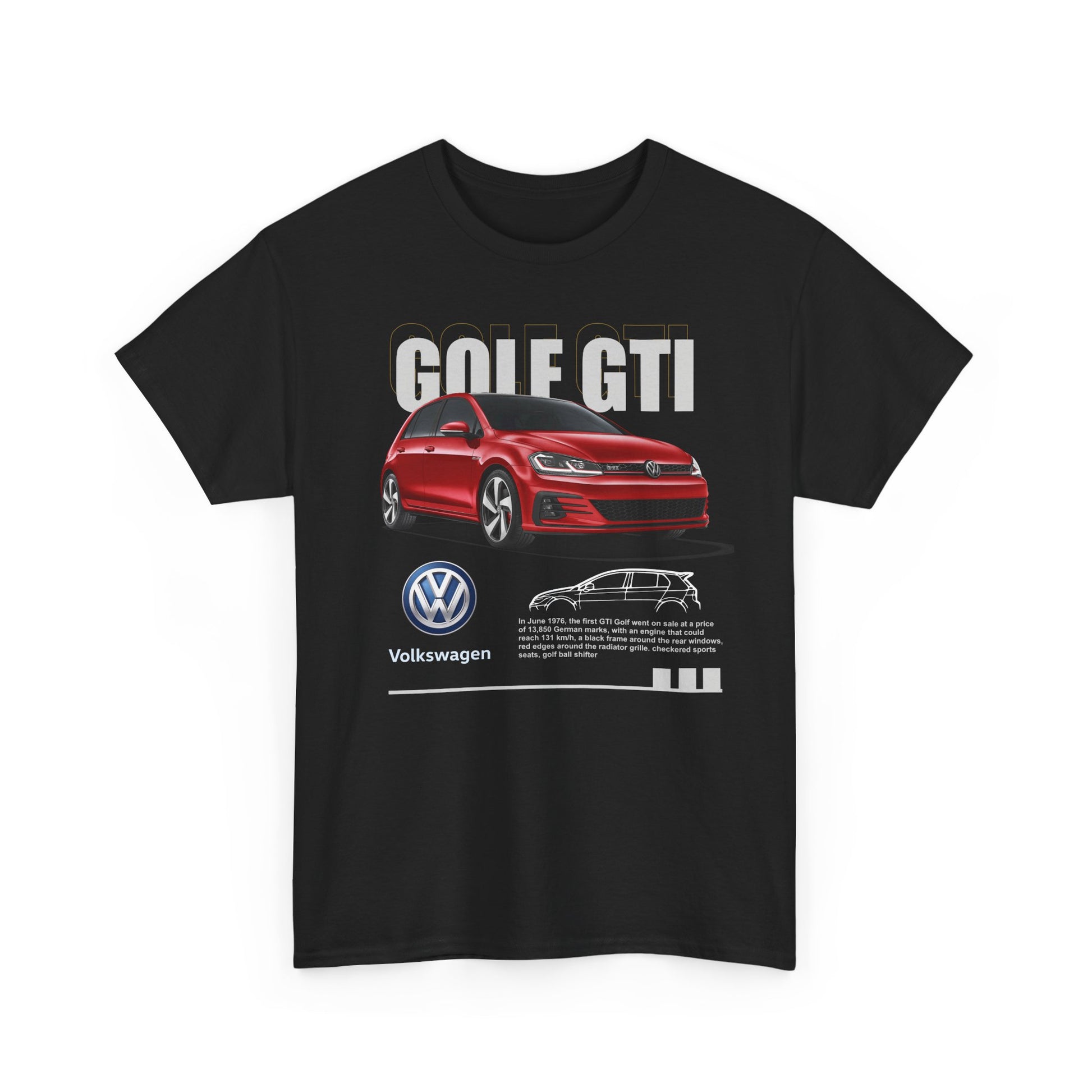 Men's Volkswagen Golf GTI T-Shirt in black with a bold red car graphic, embodying sporty elegance for discerning automotive fans.