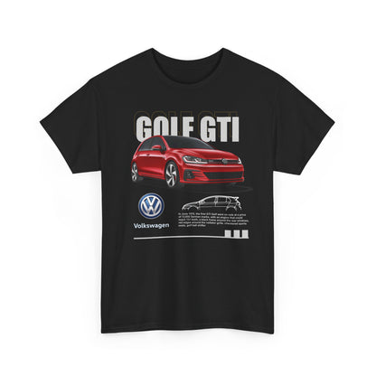 Men's Volkswagen Golf GTI T-Shirt in black with a bold red car graphic, embodying sporty elegance for discerning automotive fans.