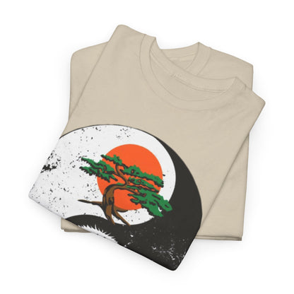 Premium quality t-shirt folded neatly, adorned with a striking yin-yang graphic featuring an eagle and bonsai tree, ideal for those who appreciate style infused with martial arts philosophy.