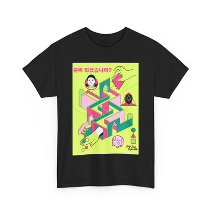 Luxury Squid Game graphic T-shirt in black, featuring vibrant pastel artwork of a maze design with iconic symbols, perfect for urban fashion enthusiasts.