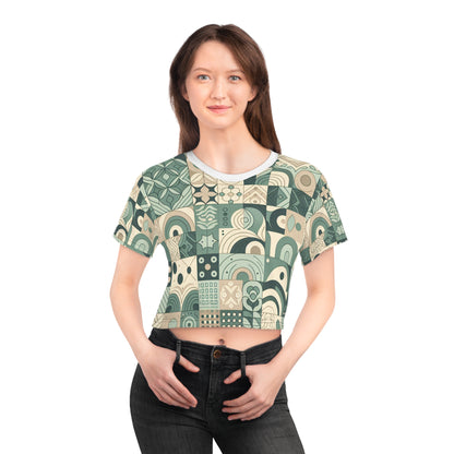 A full outfit styling featuring the Aurelia Starling Contemporary Pattern Block Print T-Shirt with high-waisted jeans, demonstrating versatile fashion by Dazzling Dreams Studio.