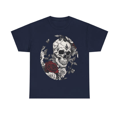 Skulls and Roses Cotton Tee in navy, displaying the captivating skull and rose design, perfect for those seeking a touch of luxury in alternative fashion.
