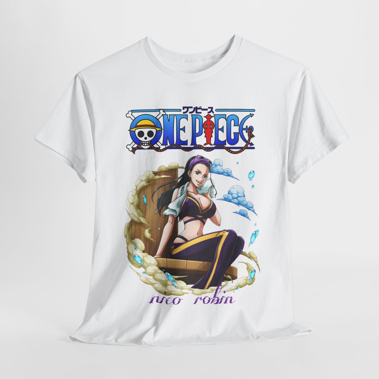 Luxurious white men's t-shirt featuring a beautifully illustrated design of Nico Robin from One Piece, embodying elegance and adventure with vibrant colours and intricate details.