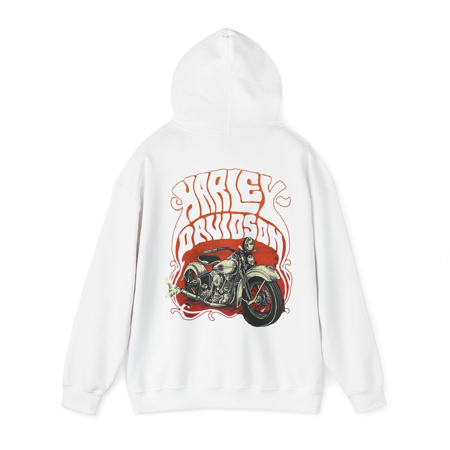 Chic white vintage Harley Davidson hoodie featuring a detailed back illustration of a vintage motorcycle, exuding style and freedom in its vibrant colour scheme.