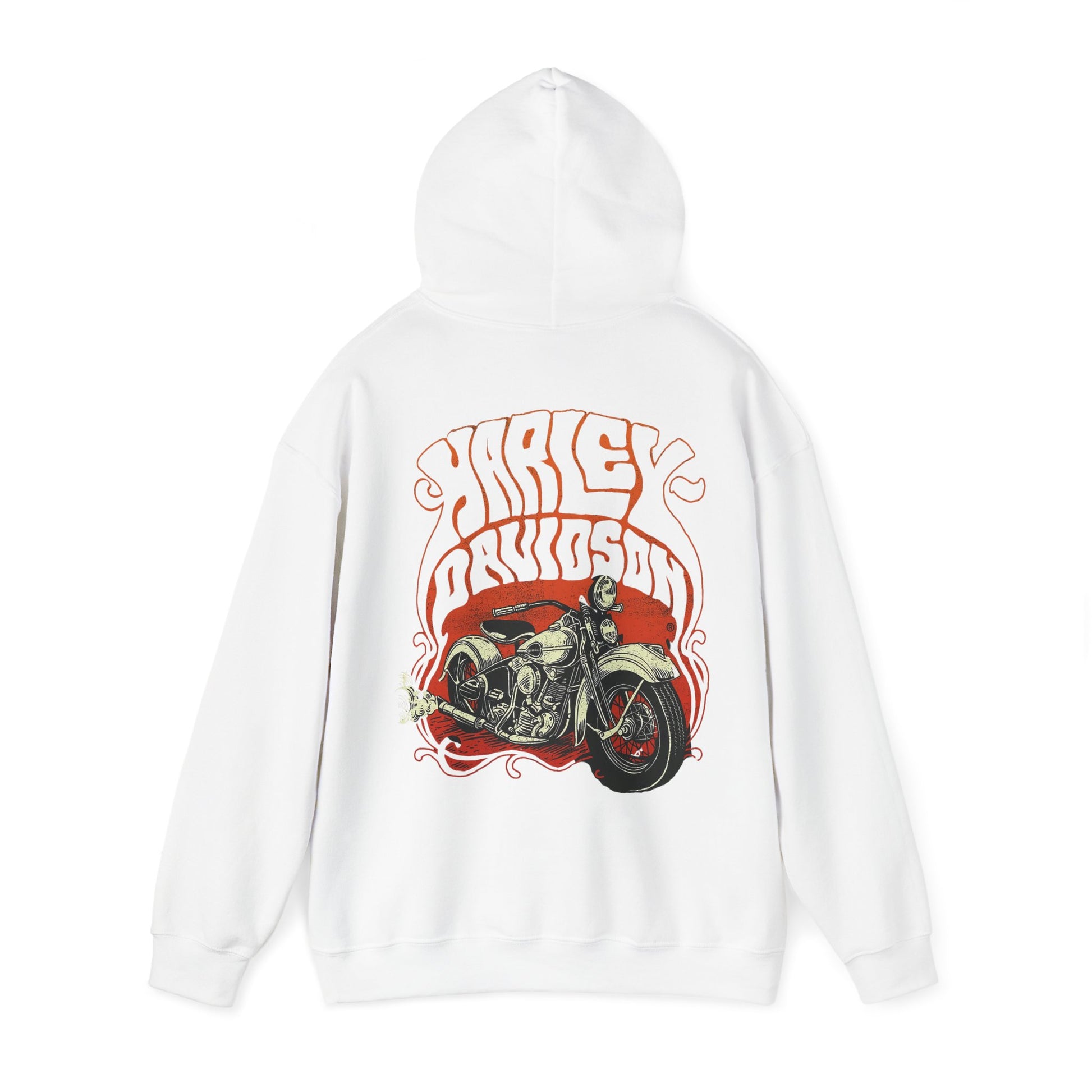 Chic white vintage Harley Davidson hoodie featuring a detailed back illustration of a vintage motorcycle, exuding style and freedom in its vibrant colour scheme.