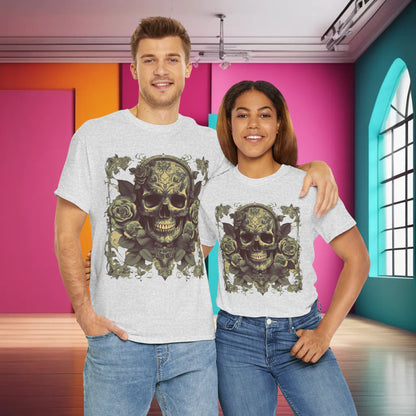 Stylish couple showcasing the Skulls and Roses Cotton Tee in a vibrant indoor setting, featuring a unique steampunk design with skulls and roses. Ideal for those embracing luxury alternative fashion.