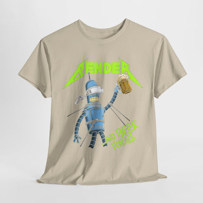 Bender And Beer For All Funny Graphic Unisex T Shirt showcasing a vibrant design featuring a blue robot holding a beer mug, perfect for fans of Futurama and heavy metal.