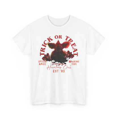 Chic white tee designed for both men and women, featuring a Demogorgon illustration and 'TRICK OR TREAT' text, embodying the spirit of the horror-themed festivities and nostalgia for 'Stranger Things' enthusiasts.