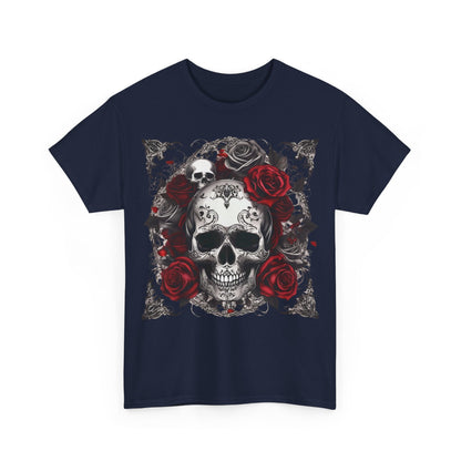 Front view of the exquisite Skulls and Roses Cotton Tee featuring a striking steampunk graphic of a skull surrounded by roses, ideal for making a bold statement.