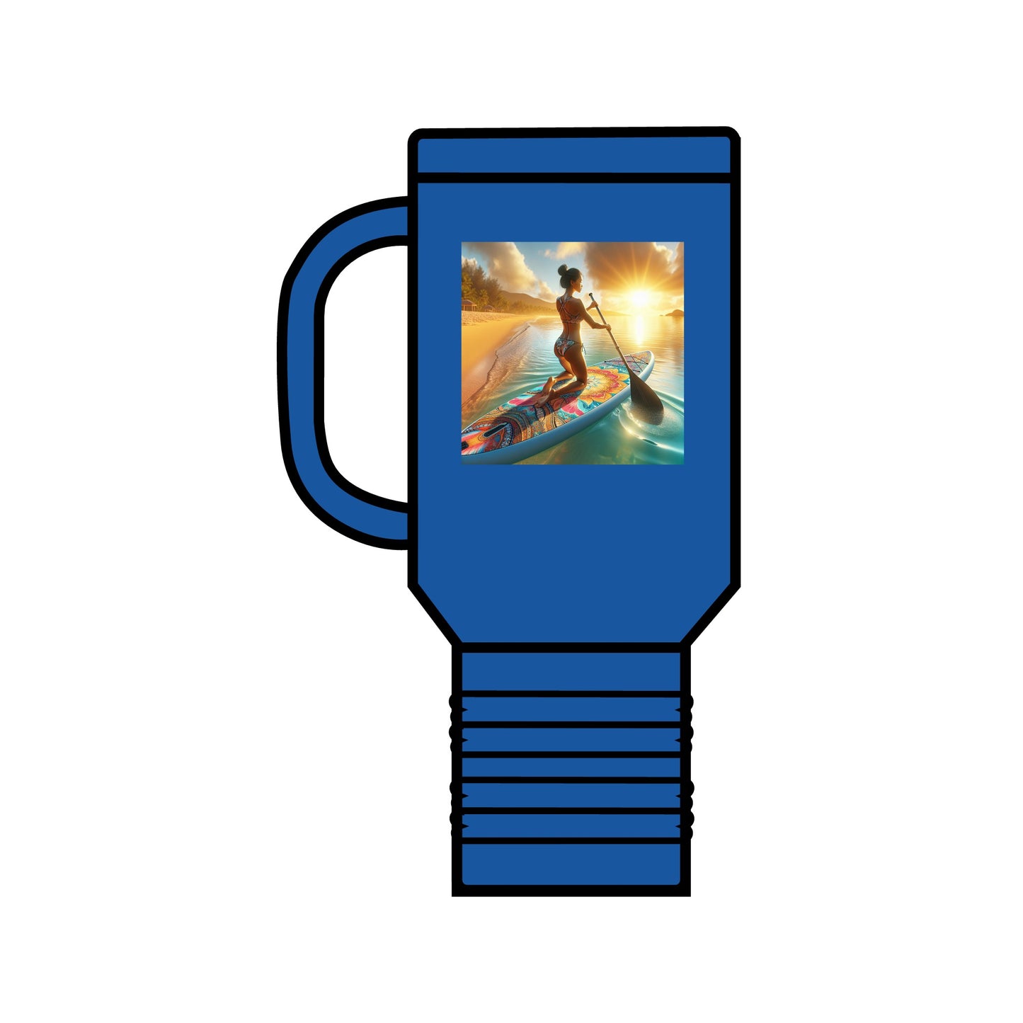 Fantasy Paddleboarding 40oz Insulated Travel Mug in blue, featuring a captivating fantasy design. This luxurious stainless steel travel mug showcases an exquisite paddleboarding scene, ideal for stylish outdoor adventures.