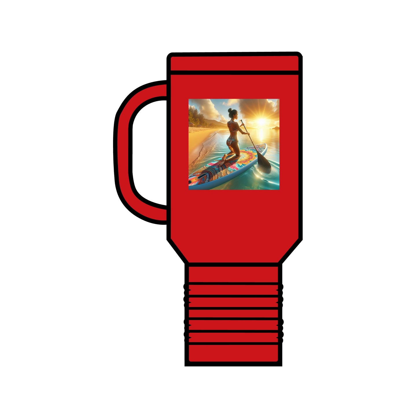 Elegant Fantasy Paddleboarding 40oz Insulated Travel Mug displaying a breathtaking paddleboarding sunset image, crafted for discerning adventurers.