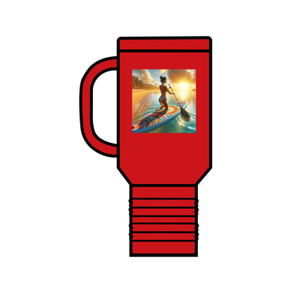 Elegant Fantasy Paddleboarding 40oz Insulated Travel Mug displaying a breathtaking paddleboarding sunset image, crafted for discerning adventurers.