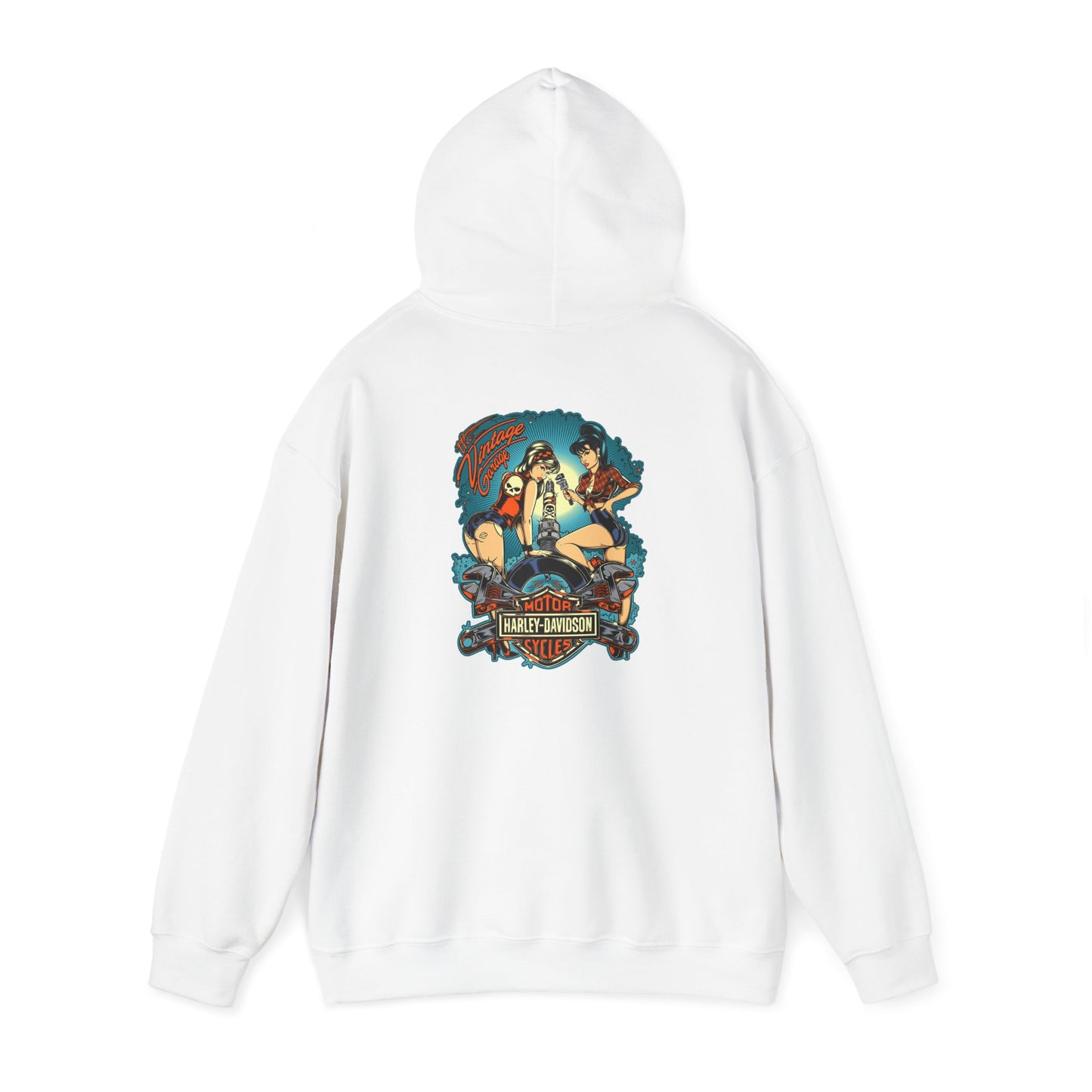 Elegant white hoodie showcasing a captivating vintage motorcycle-themed design featuring pin-up women, perfect for stylish casual wear.