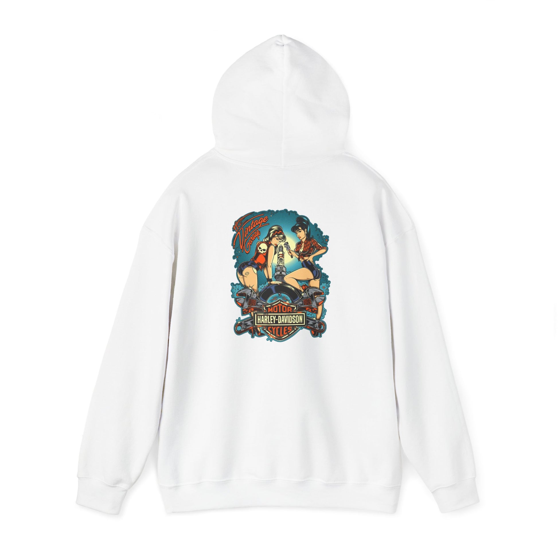 Elegant white hoodie showcasing a captivating vintage motorcycle-themed design featuring pin-up women, perfect for stylish casual wear.
