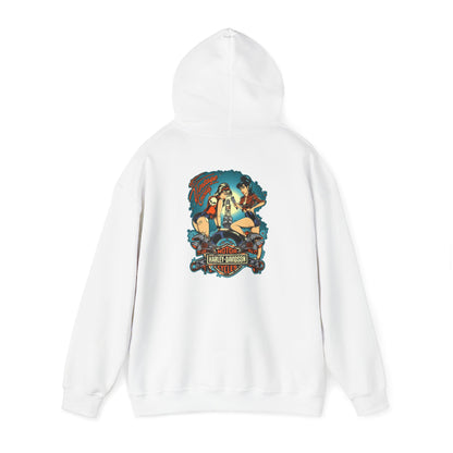 Elegant white hoodie showcasing a captivating vintage motorcycle-themed design featuring pin-up women, perfect for stylish casual wear.