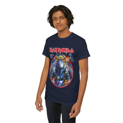 Another model showcasing the Iron Mando Graphic Tee, revealing the rich design and luxurious fabric, an exquisite choice for fans of the franchise.