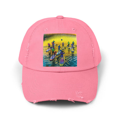 Chic Unisex Distressed Paddleboarders Cap featuring a lively fantasy illustration, designed for those who seek luxury in their beach and river adventures.