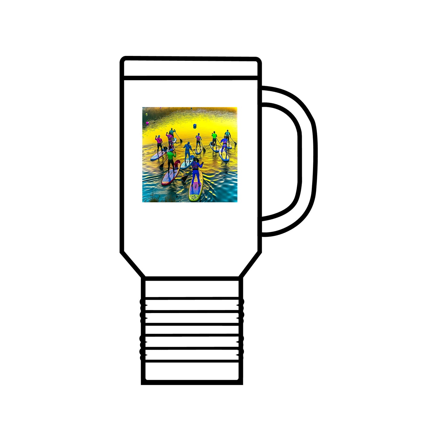 Fantasy Paddleboarding 40oz Insulated Travel Mug showcasing a vibrant graphic of paddleboarders on shimmering water, elegantly designed for luxury and adventure. Perfect for outdoor enthusiasts.