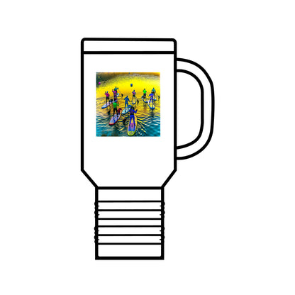 Fantasy Paddleboarding 40oz Insulated Travel Mug showcasing a vibrant graphic of paddleboarders on shimmering water, elegantly designed for luxury and adventure. Perfect for outdoor enthusiasts.