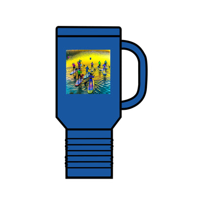 Fantasy Paddleboarding 40oz Insulated Travel Mug in blue with vibrant paddleboarding artwork, perfect for lovers of luxury and adventure.