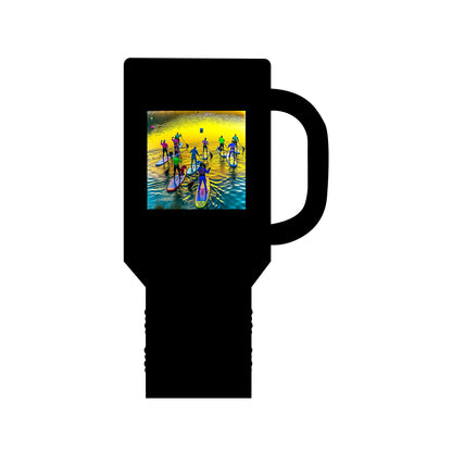Fantasy Paddleboarding 40oz Insulated Travel Mug in black, featuring a whimsical paddleboarding illustration, designed for stylish outdoor enthusiasts.