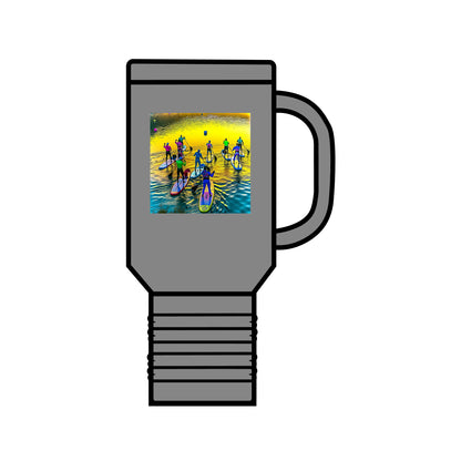 Fantasy Paddleboarding 40oz Insulated Travel Mug in grey, featuring a vibrant paddleboarding design, perfect for outdoor adventures.
