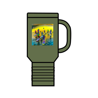 Fantasy Paddleboarding 40oz Insulated Travel Mug in olive green, adorned with an artistic paddleboarding image, combining elegance and functionality.