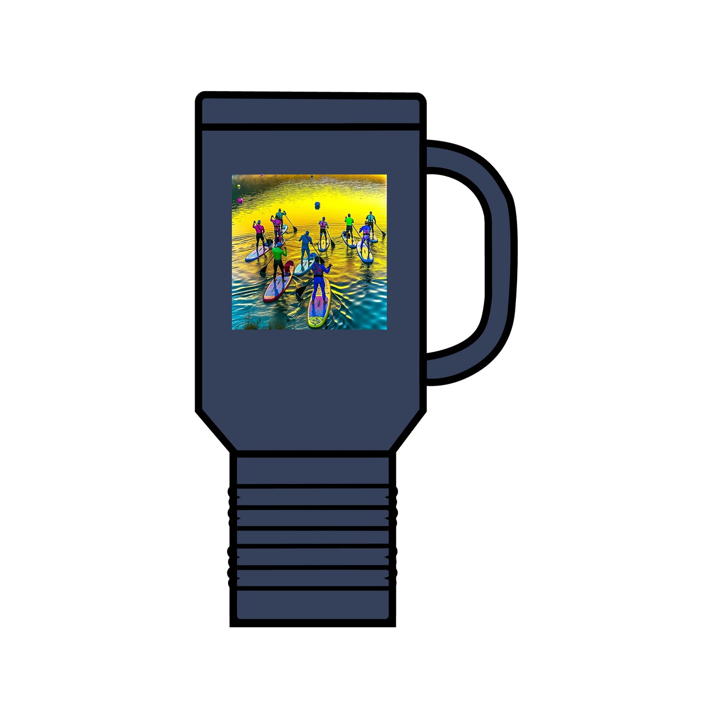 Fantasy Paddleboarding 40oz Insulated Travel Mug in navy blue, showcasing a beautiful paddleboarding motif, ideal for luxury travel experiences.
