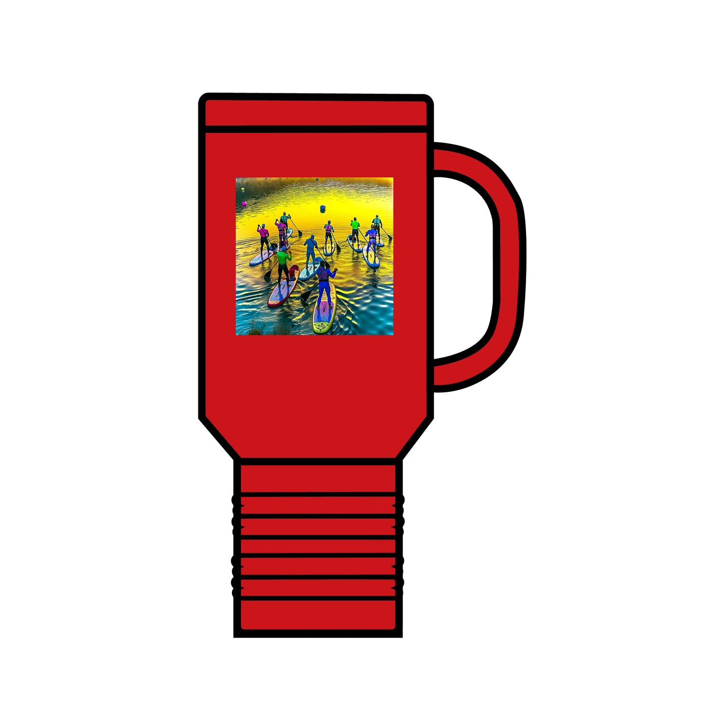 Fantasy Paddleboarding 40oz Insulated Travel Mug in red, displaying a captivating paddleboarding scene, the ultimate companion for high-end adventures.