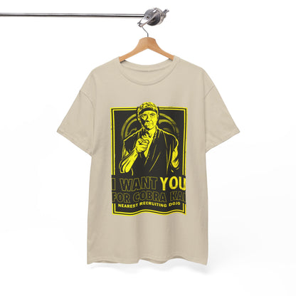 Luxuriously displayed T-shirt with the bold 'I Want You for Cobra Kai' graphic, perfect for casual outings or fan gatherings.