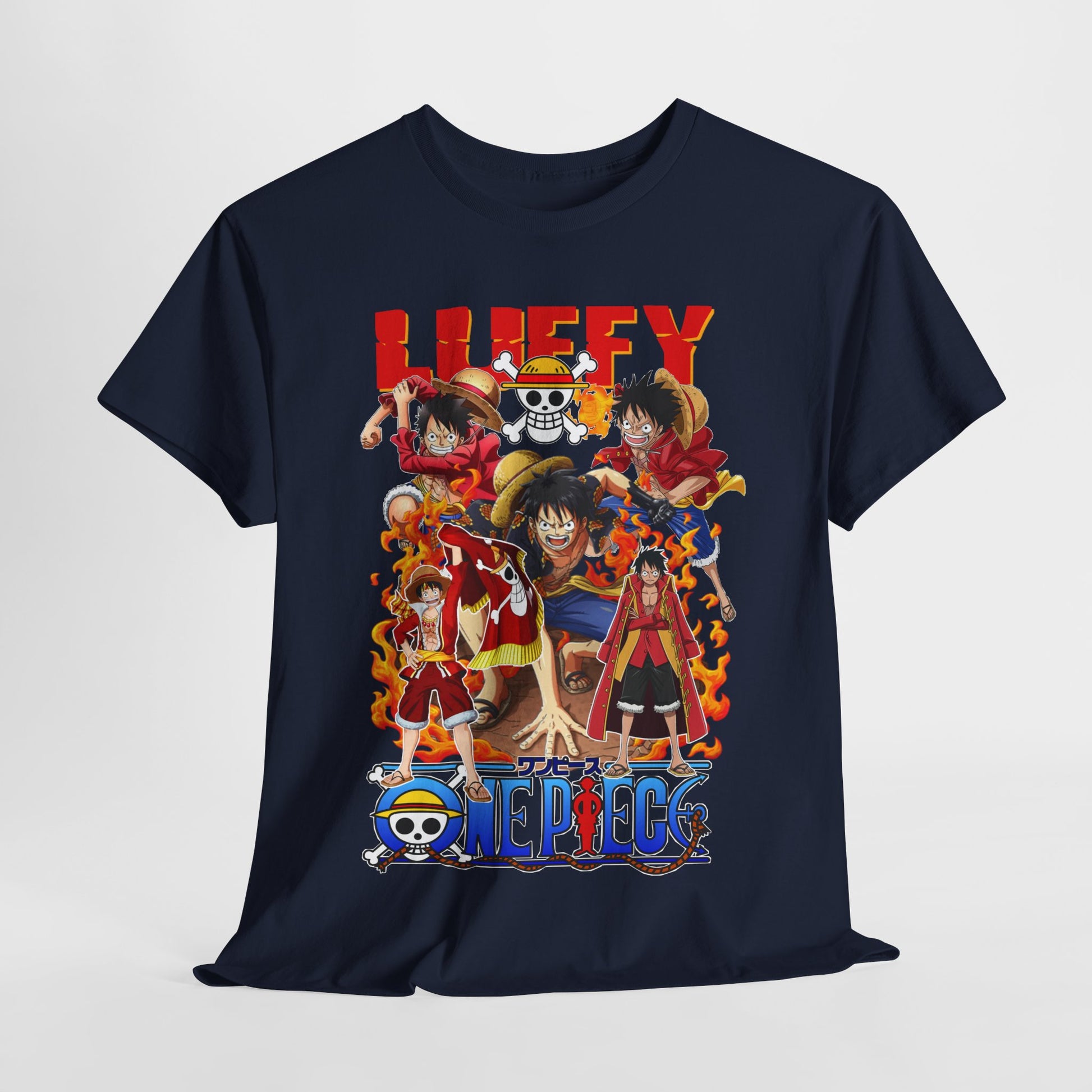 Elegant navy blue t-shirt laid flat, adorned with intricate anime graphics depicting a thrilling adventure, ideal for discerning anime fans.